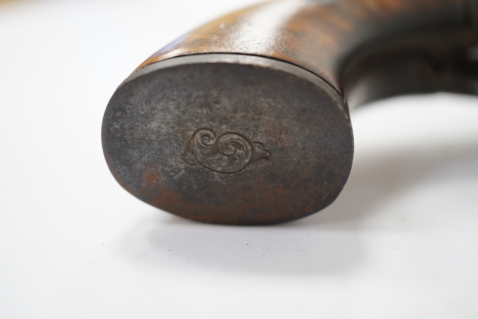 A six shot self-cocking percussion pepper box revolver, Birmingham proofs, foliate engraved round frame and two piece walnut grips, barrel 7cm. Condition - fair